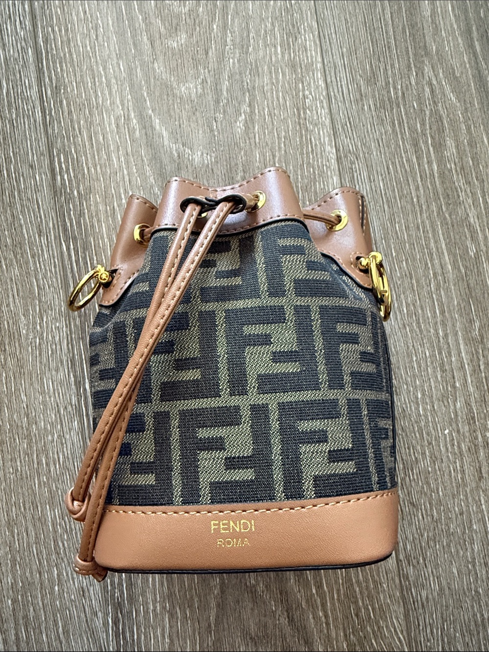 Fendi Mini FF Logo Bucket Bag in Black and Brown